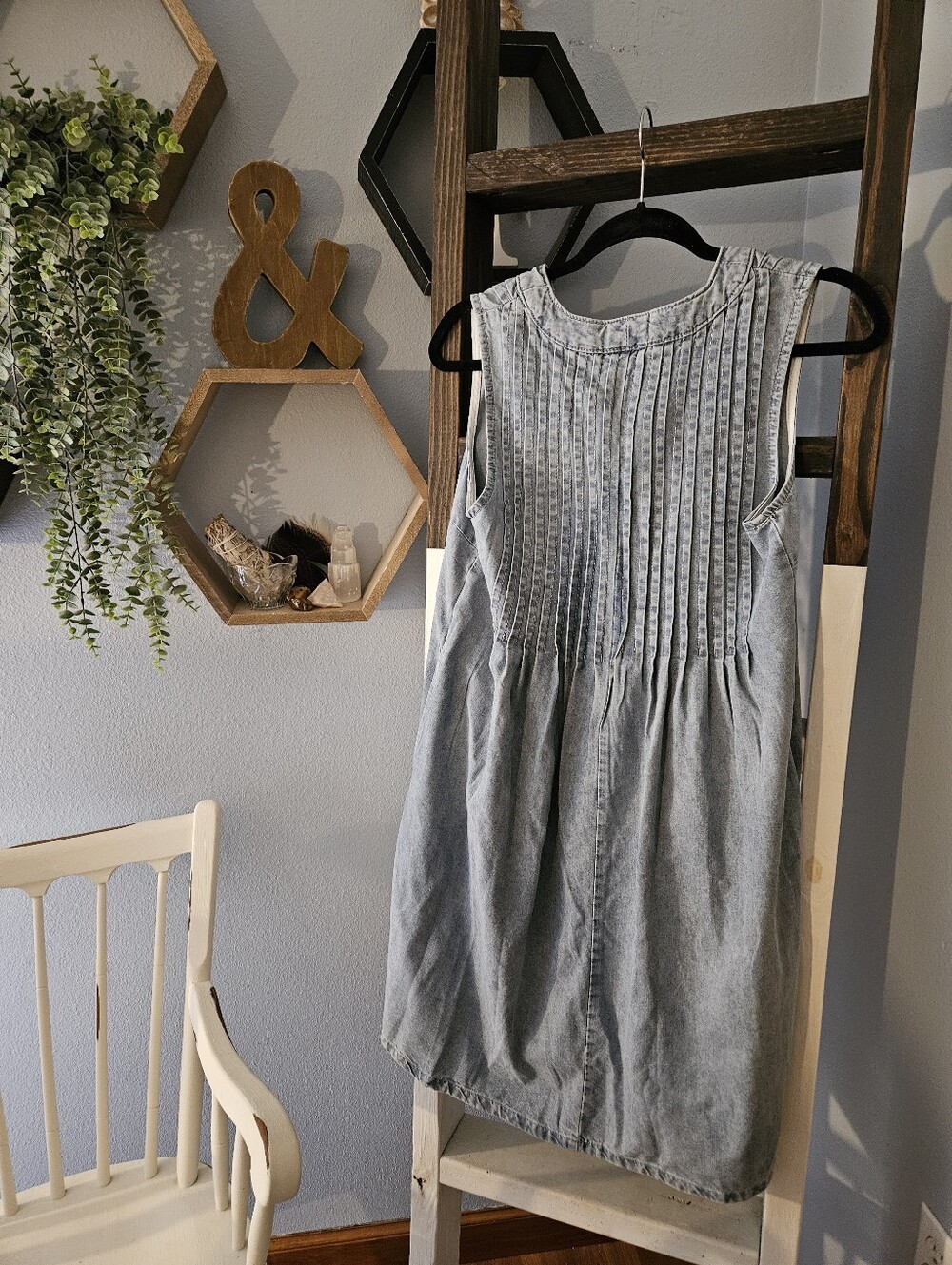 Cottage Light Blue Denim Pocket Oversized Midi Dress with Pintuck Front Size S - Picture 3 of 7